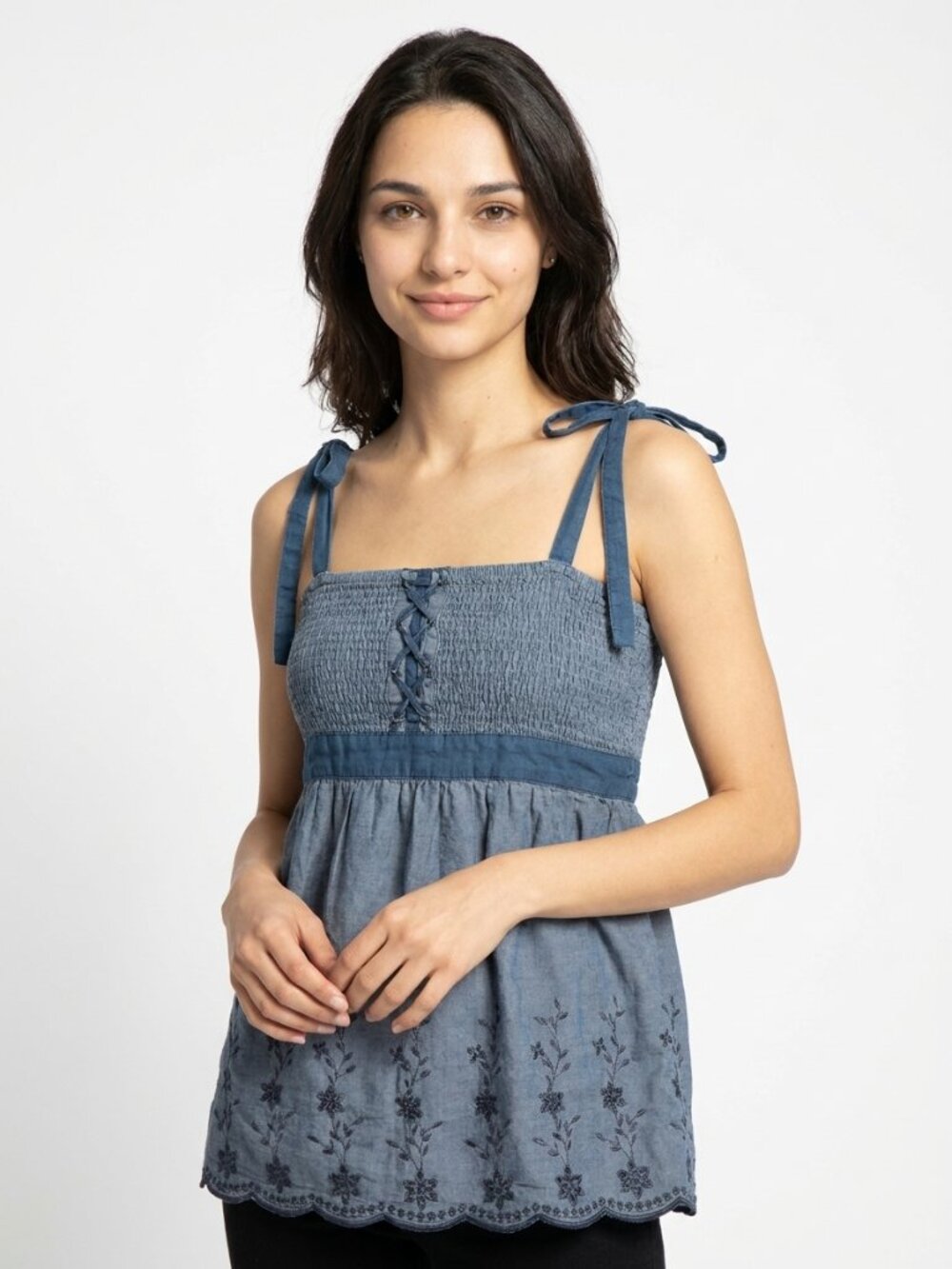 Annabelle Smocked Bodice Top with Delicate Floral Embroidery - Size S